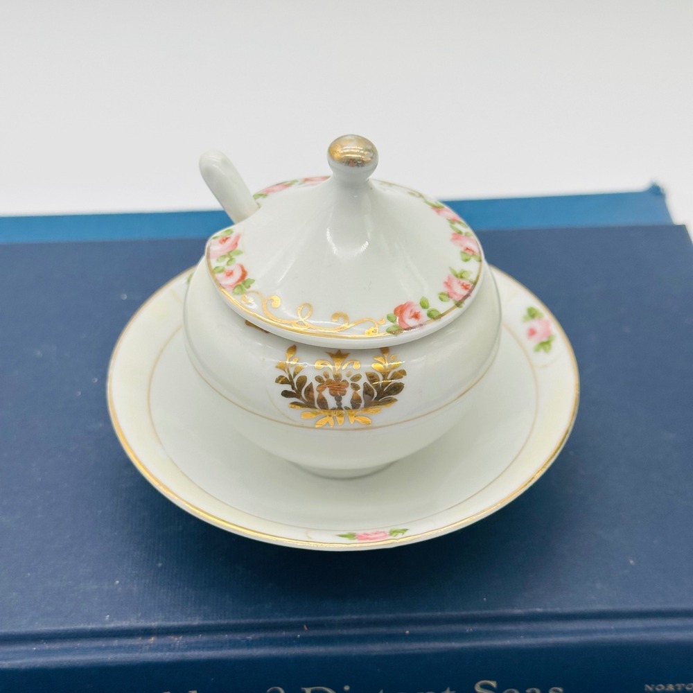Nippon Hand Painted Porcelain Jam Pot Set with Spoon Pink Roses Gold